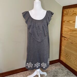 Stetson Grey & White Embroidered Ruffle Sleeveless Dress Medium